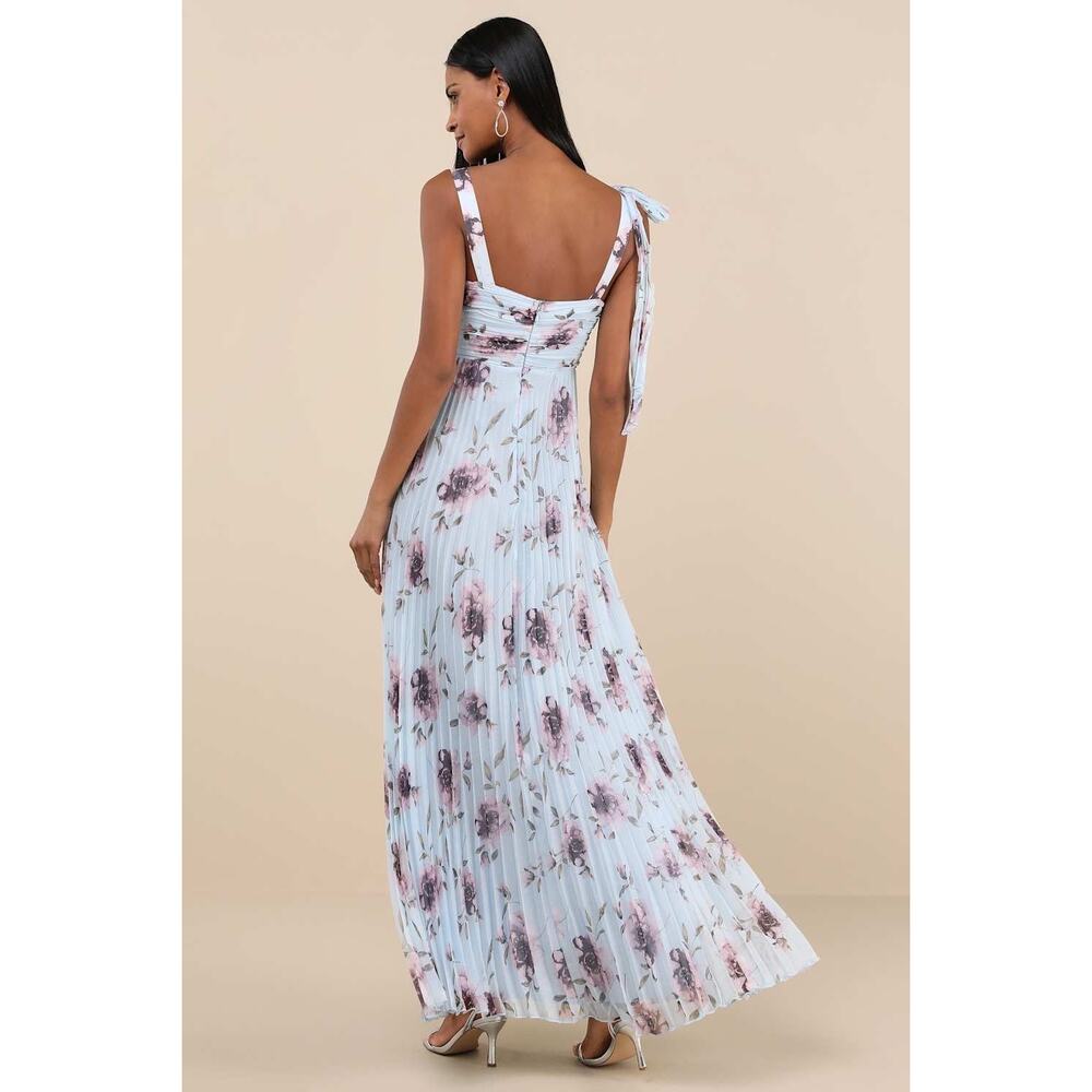 NWT Lulus Gorgeous Purpose Blue Floral Pleated Sleeveless Bow Maxi Dress Size XL - Picture 3 of 9